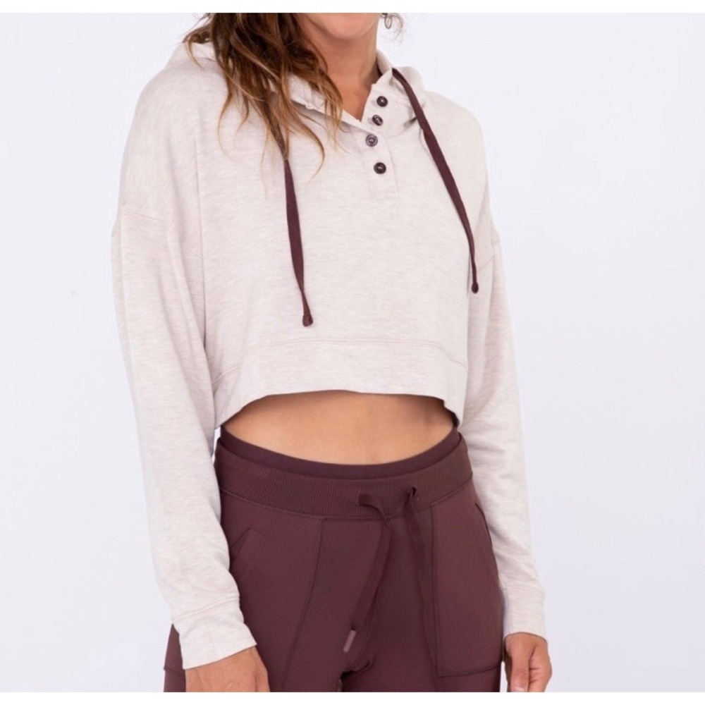 Mono B Womens L Cropped Henley Hoodie Pullover Top‎ Beige Brown Drawstring NEW